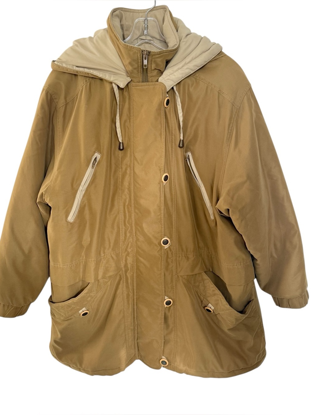 Hikers Haven Women’s Winter Parka Coat Size Large Tan Mid Length Detachable Hood
